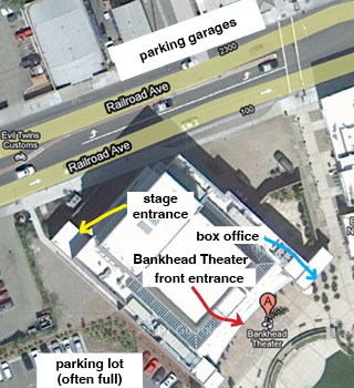 map showing parking and entrances at Bankhead Theater