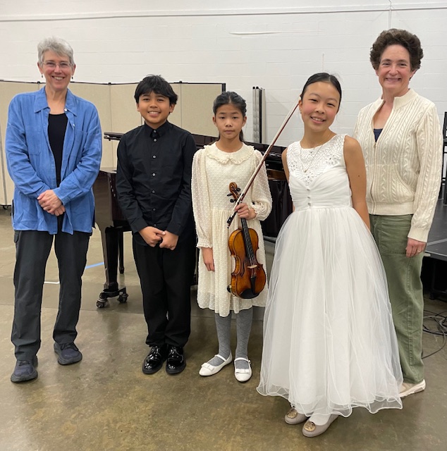 January Gems 1/18/26 photo of the three young performers with the LAS music director and Competition chair